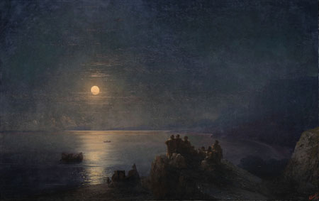 Classical poets on a moonlit shore in Ancient Greece