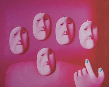 Five faces with hand
