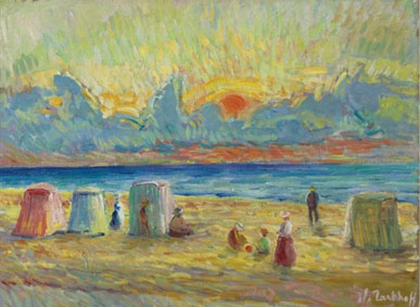 Plage animee au cocher de soleil