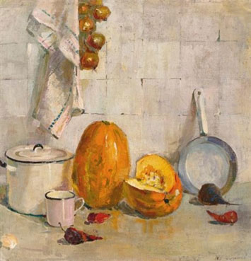 Still life with pumpkin and pan