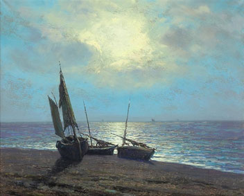 Boats on a moonlit beach