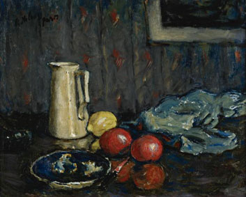 Nature morte bleue au pot blanc