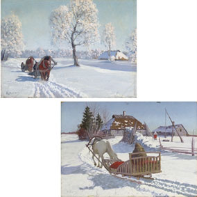 A sleight returning to a farmstead; and two sleighs on a winter track