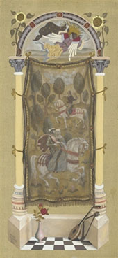 A tapestry hanging between decorative columns