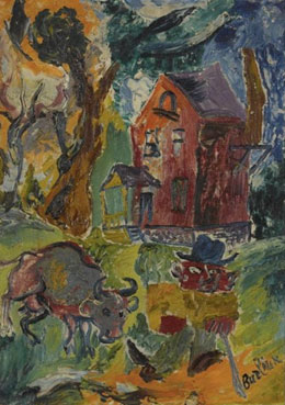 Man and cow by red house