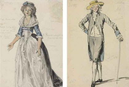 Two costume designs for The Queen of Spades: Polina; and a man in a striped coat