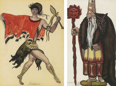 Pamina from the Magic Flute, a man in a red robe, man with a wolf`s cloak from Sadko and dancing woman: four designs for costume