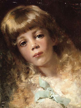 Portrait of a young girl wearing a blue ribbon