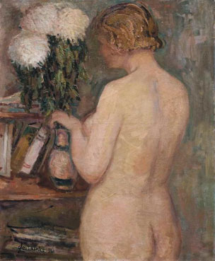 Nude attending to a bouquet of flowers