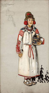 A group of two costume designs for a production of The Snow Maiden