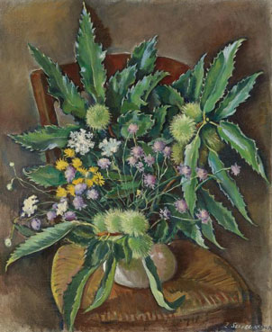 Still life of flowers and chestnuts