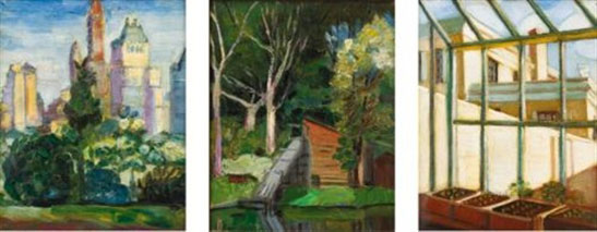 In the park, view of rooftops, and cityscape: a group of three works