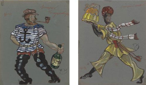 Two costume designs for E.I.Zamiatin`s Blokha