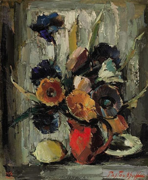 Still life with flowers and a lemon