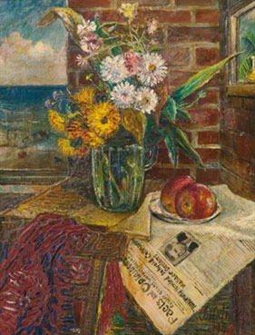 Flowers in a room with apples and newspaper