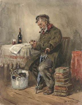 A seated man smoking a pipe