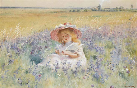 A young girl in a field of salvia, oxeye daisies and meadow foxtail