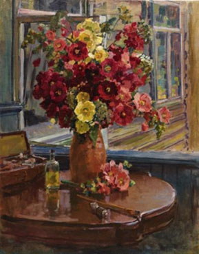 Still life with hollyhocks