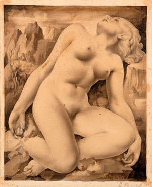 A nude with a mountainous landscape beyond