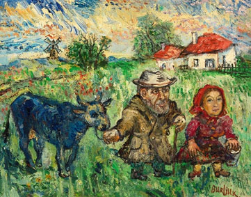 Old couple with a cow