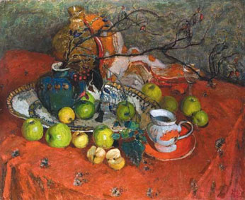 Apple on red table cloth