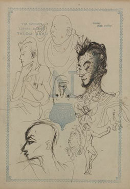 A sketch from Cafe Royal. A portrait of Ruth Ford. A caricature of an artist and a sketch of a seated man. Four drawings