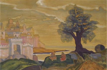 Ledenets town, set design for Rimsky-Korsakov`s opera The tale of Tsar Saltan