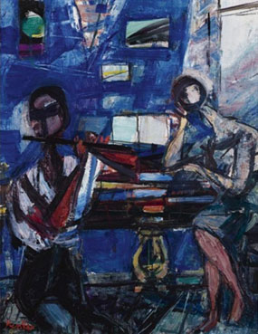 Untitled (pianist and flautist in a blue room)