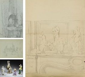 Interior with a console and mirror; study for `An intimate moment`; Two sketches for `Self-portrait with porcelain figures on a 