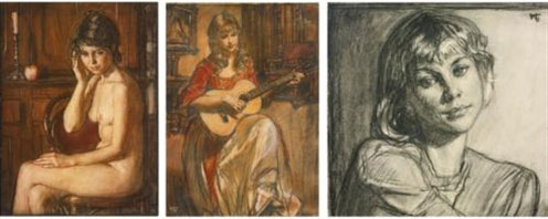 Seated female nude, woman playing the guitar and portrait of a woman: three pastels