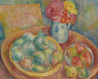 Still life with pears and flowers