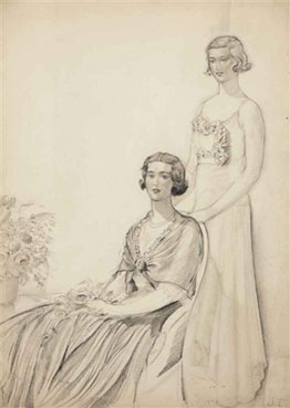 Study of two ladies in formal dress