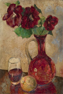 Still life with roses, an apricot and wine