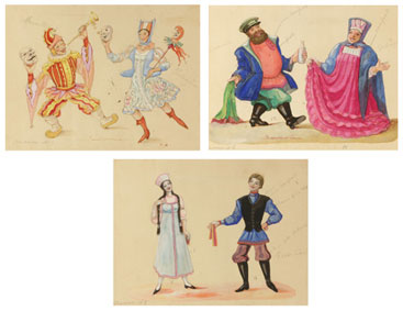 A set of three paintings of costume designs