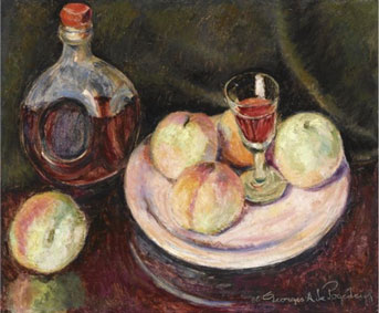 Still life with Provence peaches and Alsace wine