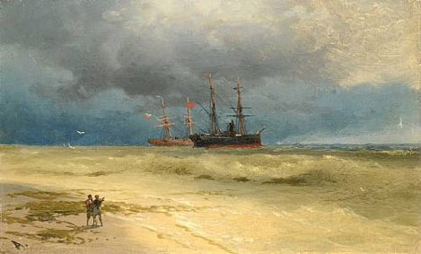 Two ships anchored off a beach