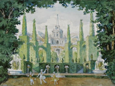 Set design for Le Pavillon D`Armide depicting Tamara Karsavina, Vaslav Nijinsky and alexandra Fedorova