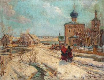 Two Women in a Snowy Village