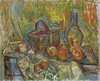 Nature morte, panier, carafe et fruits