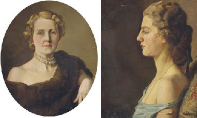 Portrait of a woman in a blue dress; and Portrait of a lady with a pearl necklace