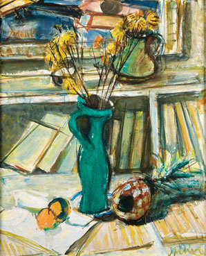 Still life with flowers, green pitcher and books