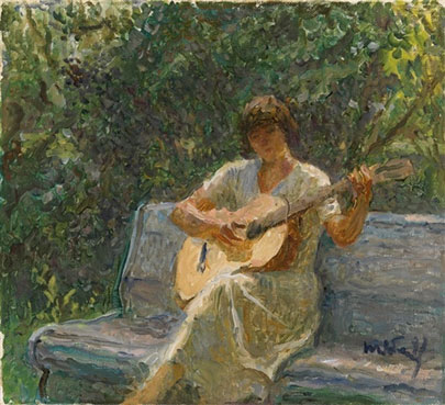 The artist`s granddaughter playing the guitar