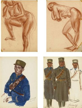 Soldier in blue uniform; three soldiers; bending demale nude; and Female nude resting elbow on knee