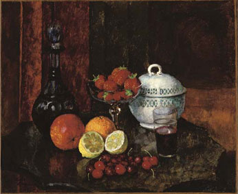 Still life with Strawberries, Cherries and a blue Decanter