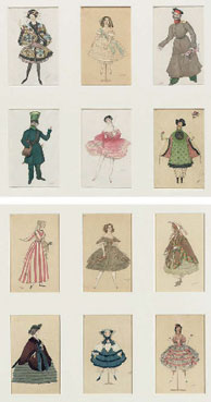 A series of twelve postcards, costume designs from La Fee des Poupees