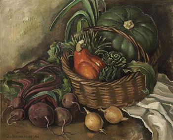 Still life with onions, beetroot and artichoke