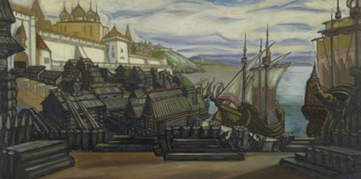 The pier of Novgorod: backdrop design for Sadko