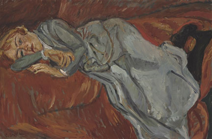 Femme couchée sur un divan rouge 