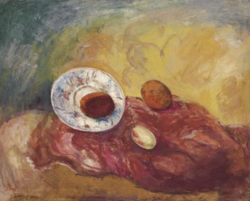 Fruit and plate on a red background