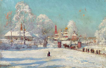 Snow scene with monastery